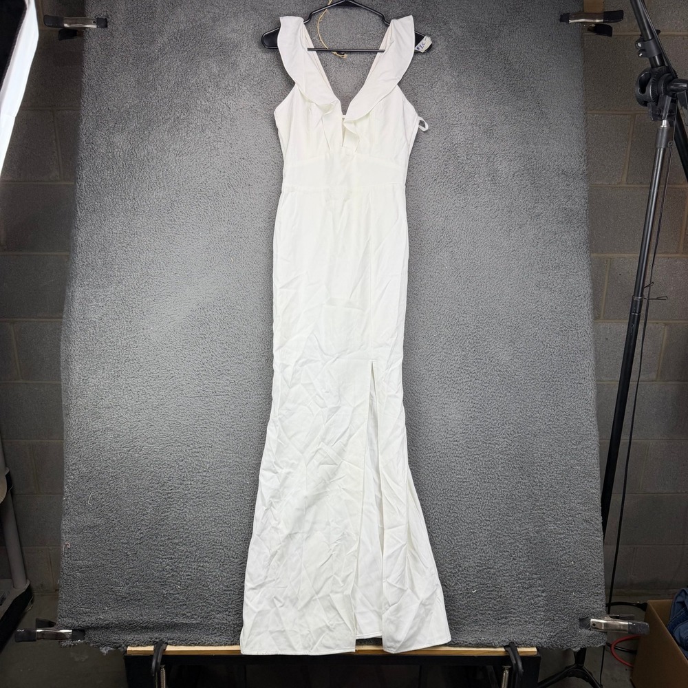 Fashion Nova Soieblu White Ruffle V-Neck Maxi‎ Dress High Slit Bridal Wedding S